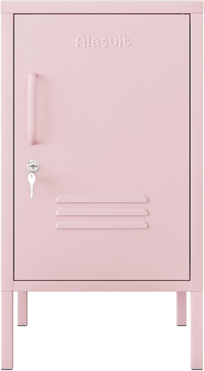 Single Door Lockable Metal End Table & Children's Bedside Table, 2-Tier Storage Cabinet with Adjustable Shelf, Easy Assembly Side Table for Living Room Bedroom Home Office Pink