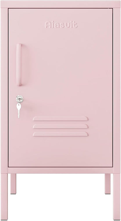 Single Door Lockable Metal End Table & Children's Bedside Table, 2-Tier Storage Cabinet with Adjustable Shelf, Easy Assembly Side Table for Living Room Bedroom Home Office Pink