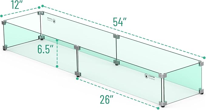 Skyflame Fire Pit Table Glass Wind Guard - 54" x 12", Thick Linear Heat-Resistant Tempered Glass Flame Shields with Hard Aluminum Corner Brackets and Rubber Feet for Propane, Gas, Outdoor