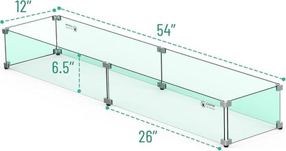 Skyflame Fire Pit Table Glass Wind Guard - 54" x 12", Thick Linear Heat-Resistant Tempered Glass Flame Shields with Hard Aluminum Corner Brackets and Rubber Feet for Propane, Gas, Outdoor