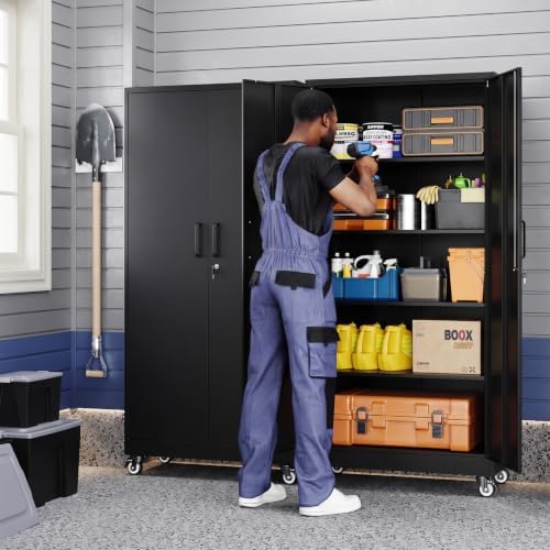 Yizosh Black Wheeled Metal Garage Storage Cabinet,Lockable Storage Cabinet