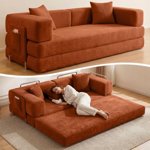 Convertible Futon Sofa Bed | 78.8” Corduroy Boneless Couch with Pull Out Sofa Bed, Comfy Futon Floor Couch with Side Pocket, Versatile Sleeper Sofa for Home & Apartment |Orange