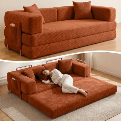 Convertible Futon Sofa Bed | 78.8” Corduroy Boneless Couch with Pull Out Sofa Bed, Comfy Futon Floor Couch with Side Pocket, Versatile Sleeper Sofa for Home & Apartment |Orange
