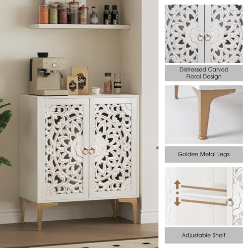 JOINICE 31.5" White Accent Cabinet with Carved Doors & Storage, Set of 2
