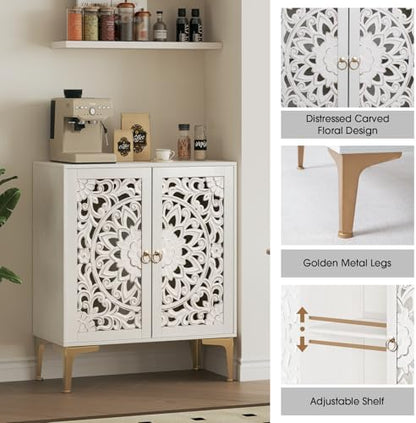 JOINICE 31.5" White Accent Cabinet with Carved Doors & Storage, Set of 2
