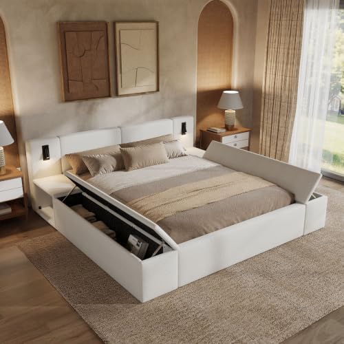 Merax Bouclé Upholstered Platform Bed with Headboard, Hidden Storage,White
