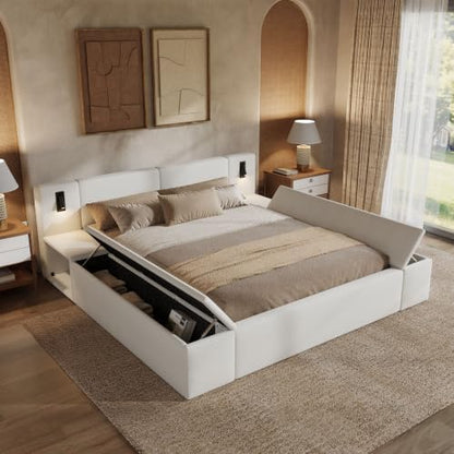Merax Bouclé Upholstered Platform Bed with Headboard, Hidden Storage,White