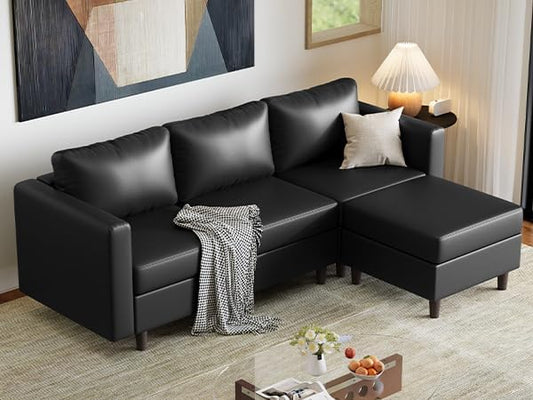 ABCASA Faux Leather Modular Sectional Sofa, 91.5" L Shaped Couch Set for Living Room, 3-Seater Comfy Cloud Couches with Movable Storage Ottoman,DIY Combination - Black
