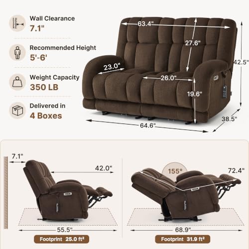 MCombo 65 in Oversized Reclining Loveseat with Heat & Massage 6855 (Brown)