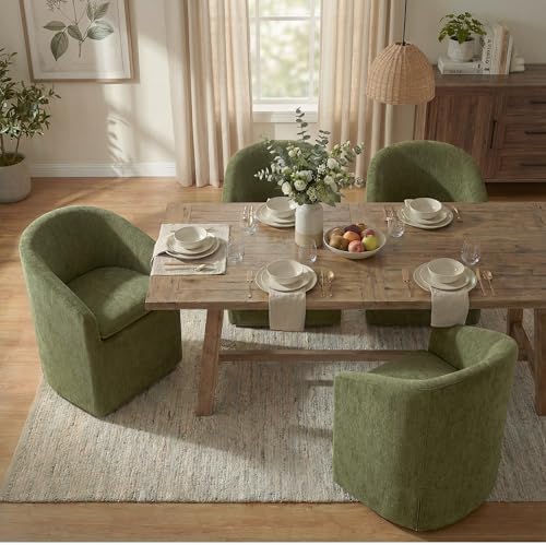 KISLOT Upholstered Dining Chairs with Casters, Washable Cover Modern Dining Room Chairs with Barrel Backrest & Dual Armrest for Kitchen, Living Room, Bedroom, Green Fabric, 2PCS