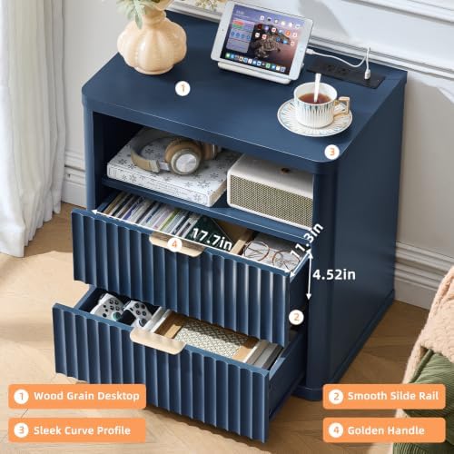 LEYAOYAO Fluted Nightstand Set of 2 with Charging Station,23" Farmhouse Nightstand with Woodgrain Top,Blue 3 Drawer End Table w/Storage, BedsideTables for Bedroom, Living Room, Curved Profile