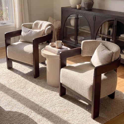 Beige Linen Accent Chairs Set of 2,Upholstered Barrel Living room Chairs