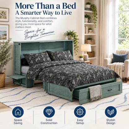 NIGHT & DAY Furniture Poppy Murphy Cabinet Bed with 6" Premium Gel Memory Foam Mattress, Queen, Antique Blue