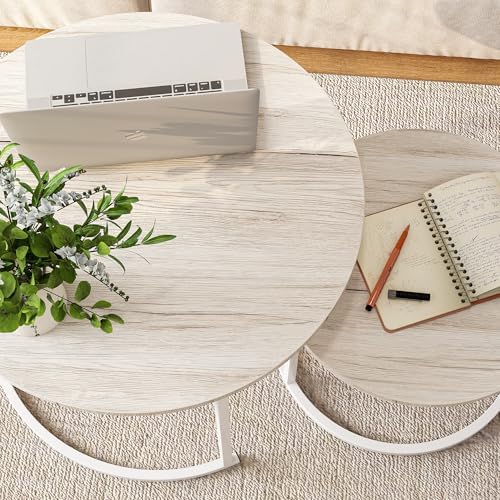 HOJINLINERO Round Coffee Table,Nesting Coffee Table Set of 2,Center Tables for Living Room,Office, Home Small Space,Stacking Side Tables,Sturdy and Easy Assembly,Wood Desktop,Oak+White,Large