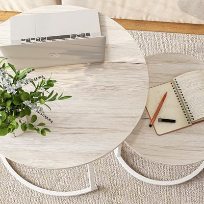 HOJINLINERO Round Coffee Table,Nesting Coffee Table Set of 2,Center Tables for Living Room,Office, Home Small Space,Stacking Side Tables,Sturdy and Easy Assembly,Wood Desktop,Oak+White,Large