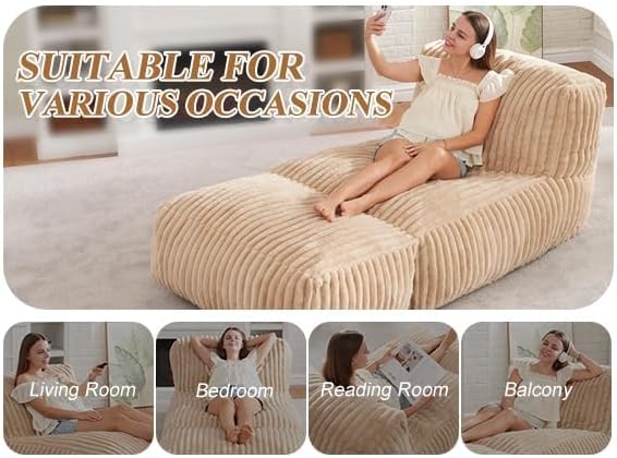Hobestluk Giant Memory Foam Bean Bag Chairs Sofa for Adults (Khaki,Large) | Soft Fabric,Ergonomic Back Support,Lightweight,Easy Clean,No Assembly,Wear-resisting,For Livingroom Guest room,Well-looking
