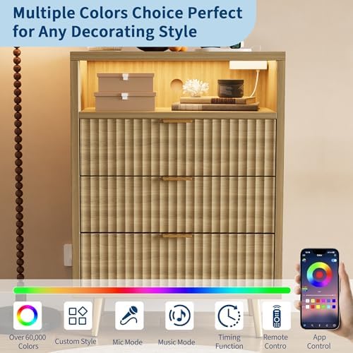 28"W 3 Drawers Dresser for Bedroom with LED and Charging Station, Oak