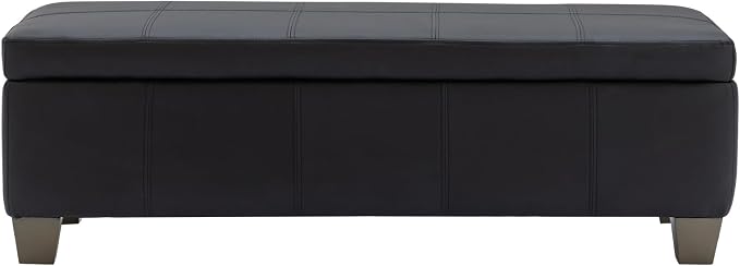 51 Inch Storage Ottoman, Storage Bench with Safety Hinge, Upholstered Synthetic Leather Ottoman Bench for Bedroom, Living Room, Entryway, Hallway, Foot Rest, Support 500lbs, Black