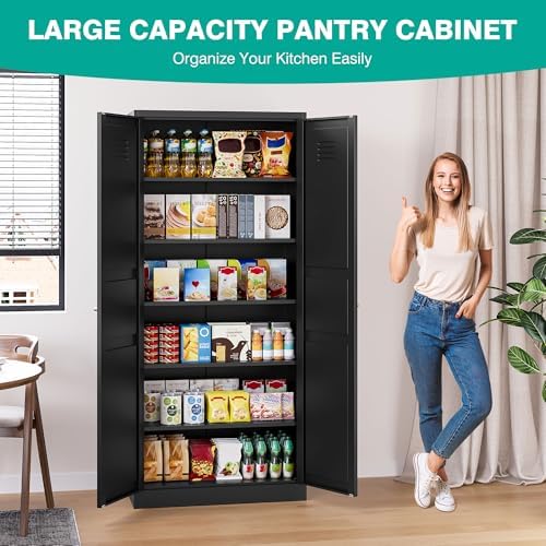 SISESOL Black Storage Cabinet,71" Tall Pantry Cabinet,Kitchen Pantry Storage Cabinets with 2 Doors and 5 Shelves,Wide Deep Metal Food Cupboard for Home,Kitchen,Dining/Living Room