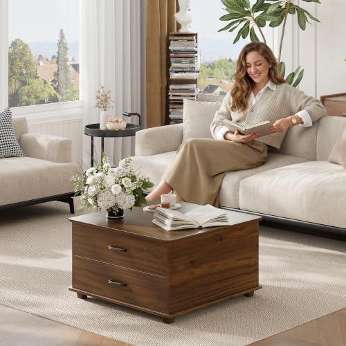 MALOL Storage Coffee Table with 2 Drawers & Flip-Top Lid with Hidden Storage, Modern Fluted Wood Coffee Table, Solid Wood Legs, Square Center Table for Living Room, Walnut