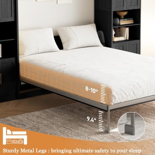 Murphy Bed Queen with 2 Storage Cabinets and USB Port, Black and Grey
