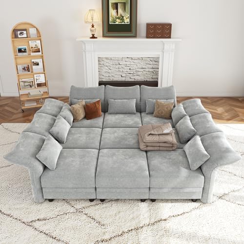 LLappuil 102" Modular Sectional Sofa with Storage Seat, Cozy Chenille Sleeper Sectional Couches for Living Room with Adjustable Armrest Backrest, Luxury Grey