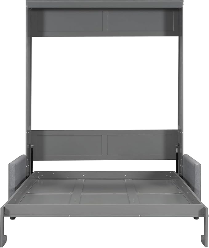 MERITLINE Queen Murphy Bed with Couch,Wood Murphy Bed Cabinet with Sofa,Folding Murphy Wall Bed Queen Size Grey Murphy Bed Cabinet