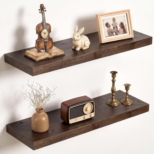Elm Wood Floating Shelf 24x8” Set of 2, Dark Walnut