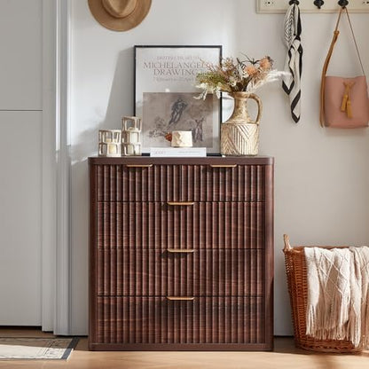 LEYAOYAO Fluted 5 Drawers Dresser for Bedroom Set of 2, 34" Tall Modern Chest of Drawers with Metal Handle, Curved Profile Design,Walnut Wood Drawer Organizer for Bedroom, Living Room, Hallway