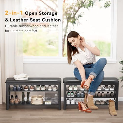 Shoe Bench with 3 Tier Adjustable Shelves Rubberwood Entryway 39.4''