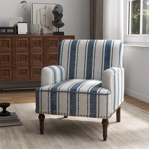 Stripe Accent Chair, Fabric Upholstered Armchair, Navy