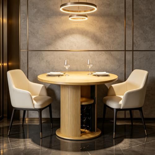 Round Dining Table for 2, 31 Inch Dining Room Kitchen Table with 2-Tier Storage Shelf & Wine Rack, Modern Farmhouse Fluted Wood Slide Door Dinner Furniture,Circle(Non scalable-32 Inch-Oak)