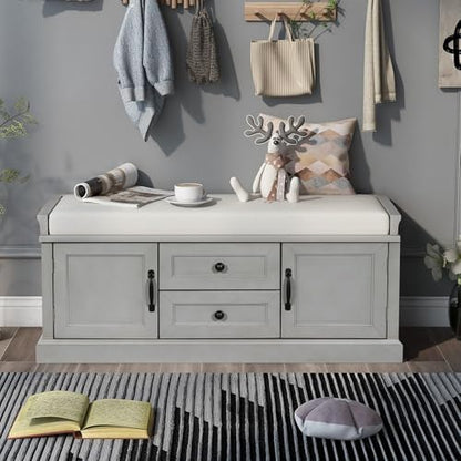 GDFStudio Rustic Storage Bench with 4 Doors 2 Draws Adjustable Shelves Removable Cushion Rectangular Cabinet Foot Rest Stool Solid Wood Shoe Bench Seating for Entryway Living Room, Gray Wash