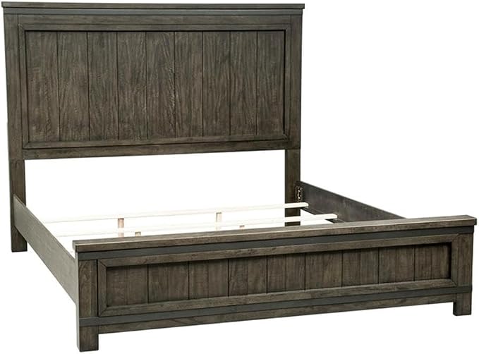 Pemberly Row 4-Piece King Bedroom Set, Rubberwood and Mango Veneers, Rock Beaten Grey Finish with Saw Cuts, Includes Panel Bed, 8-Drawer Dresser with Mirror, 2-Drawer Nightstand, Industrial Style