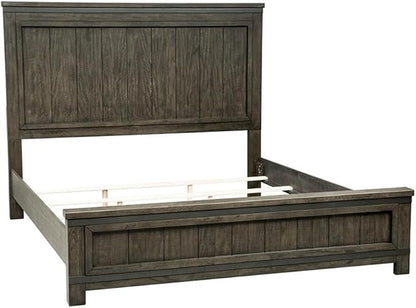 Pemberly Row 4-Piece King Bedroom Set, Rubberwood and Mango Veneers, Rock Beaten Grey Finish with Saw Cuts, Includes Panel Bed, 8-Drawer Dresser with Mirror, 2-Drawer Nightstand, Industrial Style
