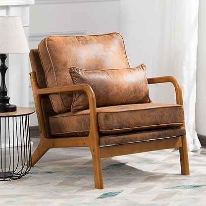 Accent Chair with Cushion, Mid-Century Modern Upholstered Single Reading Armchair with Comfy Leather + Solid Wood Frame for Living Room, Bedroom, Lounge, Balcony (Brown)