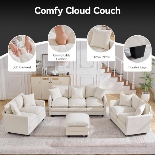 Cloud 3 Pieces Sofa Set, 2+2 Seater Couch+1 Ottoman, Modern Sofas Sets with Deep Seat, Modular Sectional Couches Sets for Living Room, Bedroom, Small Apartment, Beige
