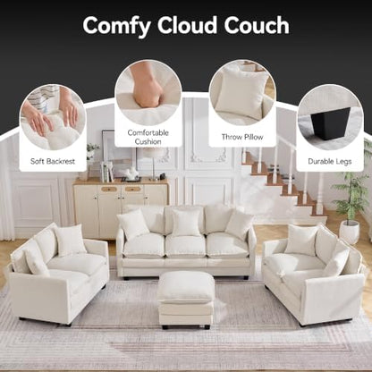 Cloud 3 Pieces Sofa Set, 2+2 Seater Couch+1 Ottoman, Modern Sofas Sets with Deep Seat, Modular Sectional Couches Sets for Living Room, Bedroom, Small Apartment, Beige