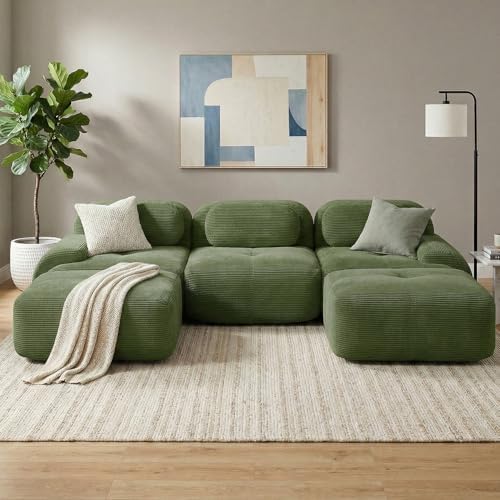 117" Corduroy Modern Sectional Couch, Boneless Couch, Compact sofa, Green