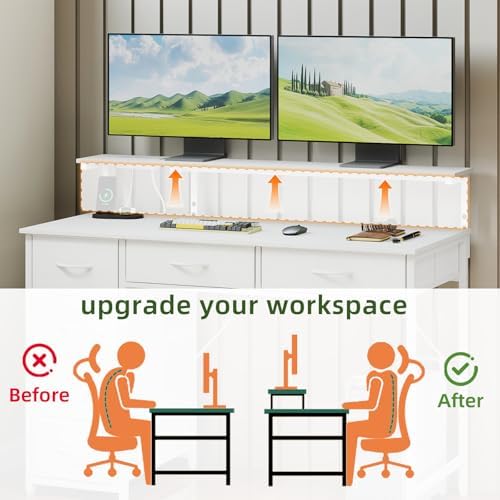 Somdot Computer Desk with Power Outlet and LED Lights, Desk with 6 Drawers
