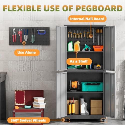 71''H Garage Storage Cabinet with Wheels, Meatl Storage Cabinet with Lock