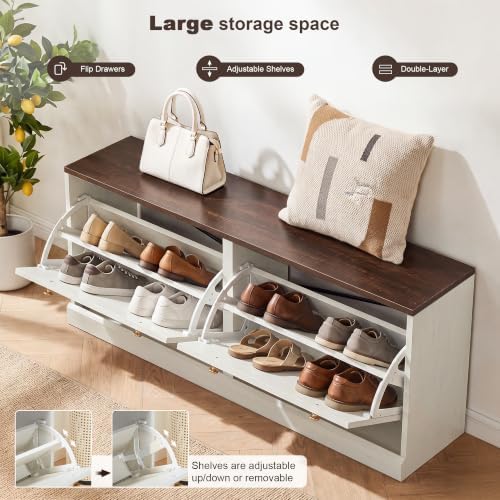 41”Wide Shoe Storage Bench with 2 Flip Drawer, White Narrow Shoe Cabinet