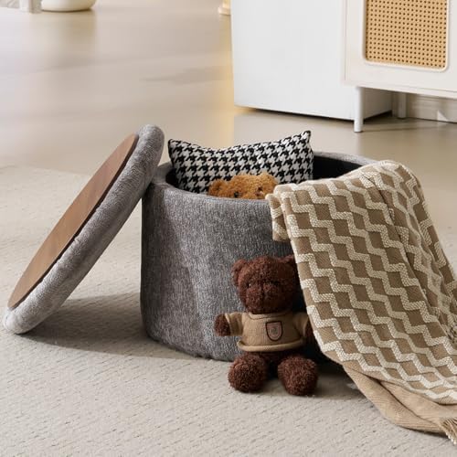 Modern Round Storage Ottoman with Reversible Tray Lid,Chenille Ottoman Foot Stools, Ottoman Footstool with Hidden Storage, Storage Ottoman for Living Room, Multi-Functional Footrest,Dark Grey