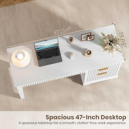 Vabches Fluted Executive Desk with File Drawer, White