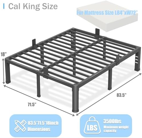 18 inch California King Bed Frame with Round Corner Legs and Headboard Hole Mattress Slide Stopper 3500 lbs Heavy Duty Metal Platform,Steel Slat Support,No Box Spring Needed,Easy Assembly,Noise Free