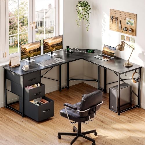 DurayLoly 62“ L Shaped Corner Desk with 3 Drawers,Power Strip&2 Side Hooks