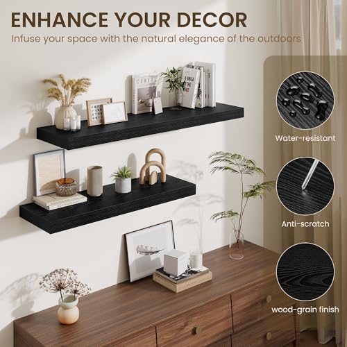 Floating Shelves for Wall 12 Inch, 12 Inch Deep Square Wall Shelves, Bathroom Storage Shelves Over Toilet, Wood Floating Shelves for Living Room Bedroom, Black, Set of 3