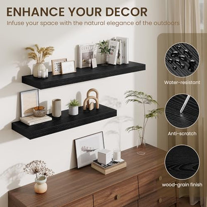 Floating Shelves for Wall 12 Inch, 12 Inch Deep Square Wall Shelves, Bathroom Storage Shelves Over Toilet, Wood Floating Shelves for Living Room Bedroom, Black, Set of 3