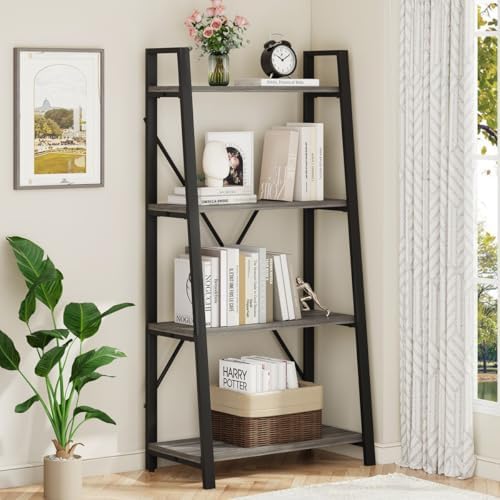 Ladder Bookshelf, 4 Tier Ladder Shelf Bookcase, Wood Leaning Book Shelves for Living Room, Bedroom, Home Office Shelving Unit (Dark Grey Oak)