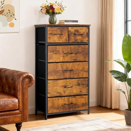 Mifuro Tall Dresser for Bedroom, Vertical Storage Organizer Tower with 6 Drawers, Chest of Drawers with Fabric Bins, Steel Frame, Wood Top for Bedroom, Closet, Entryway- Rustic Brown